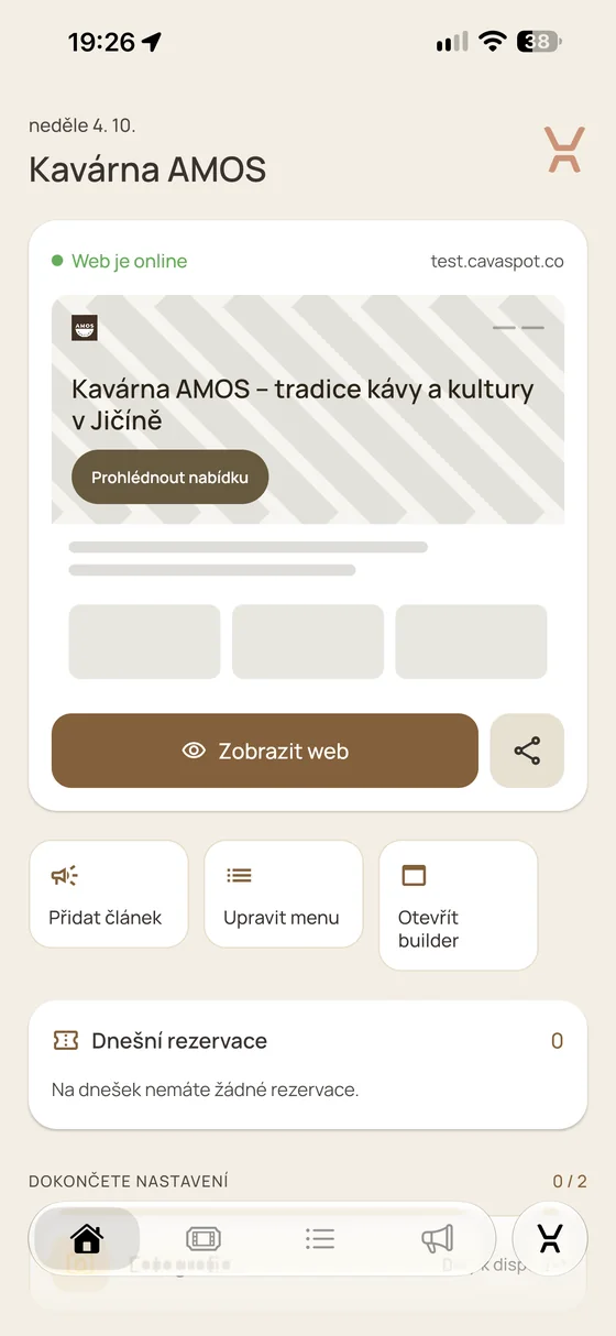 Aplikace Cava: přehled podniku s náhledem webu, rychlými akcemi a dnešními rezervacemi