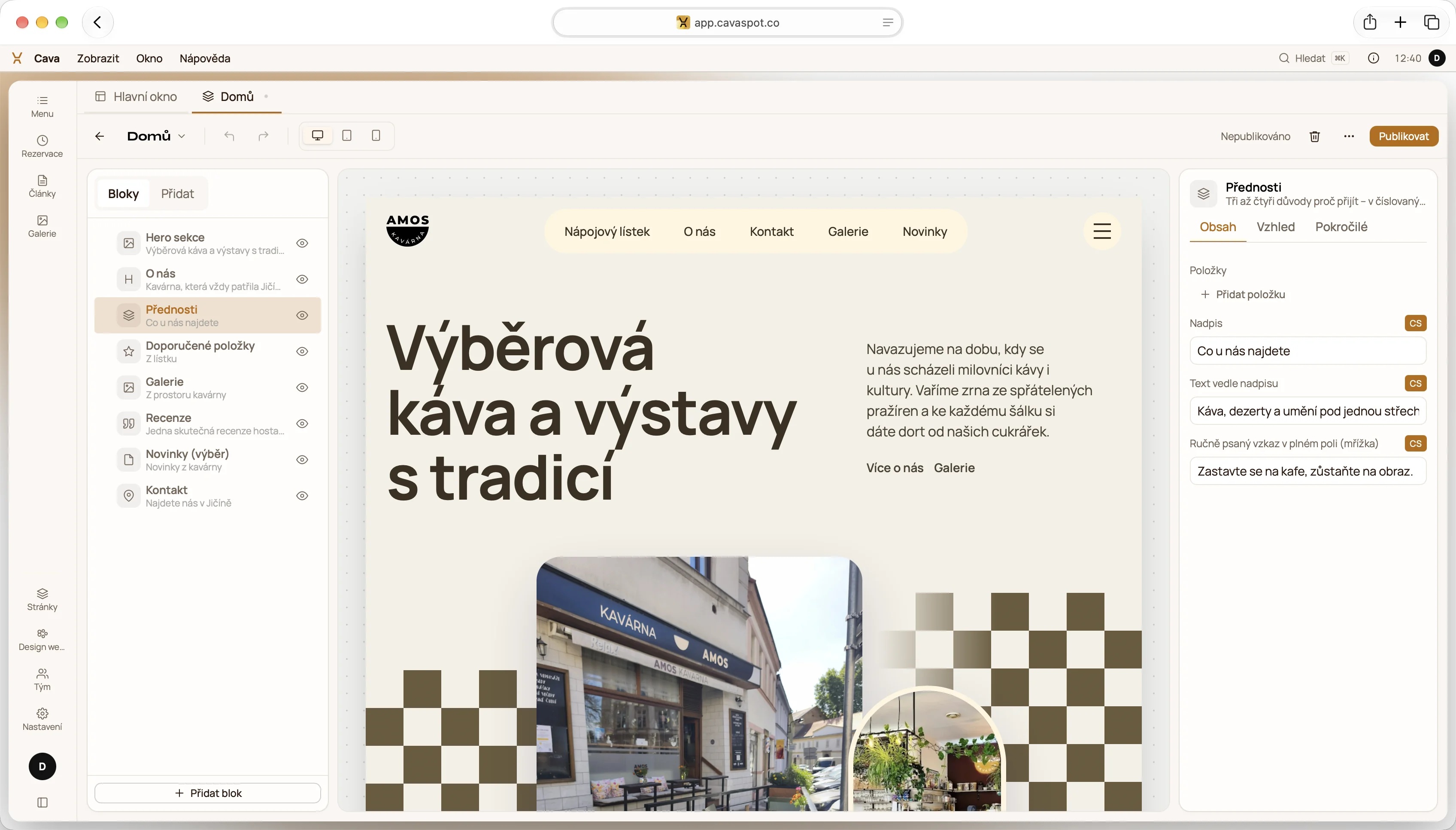 Editor Whiplash v aplikaci Cava: vlevo seznam bloků stránky, uprostřed náhled webu, vpravo nastavení vybraného bloku